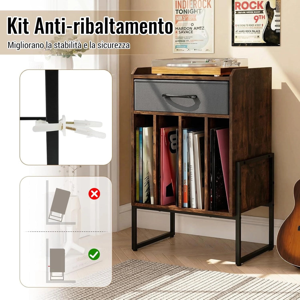 Supporto per Giradischi, Mobile Giradischi in Legno con Cassetto in Tessuto e 4 Scomparti, per fino a 160 Dischi in Vinile, Scaffale per Dischi in Stile Retrò per Soggiorno e Camera da Letto