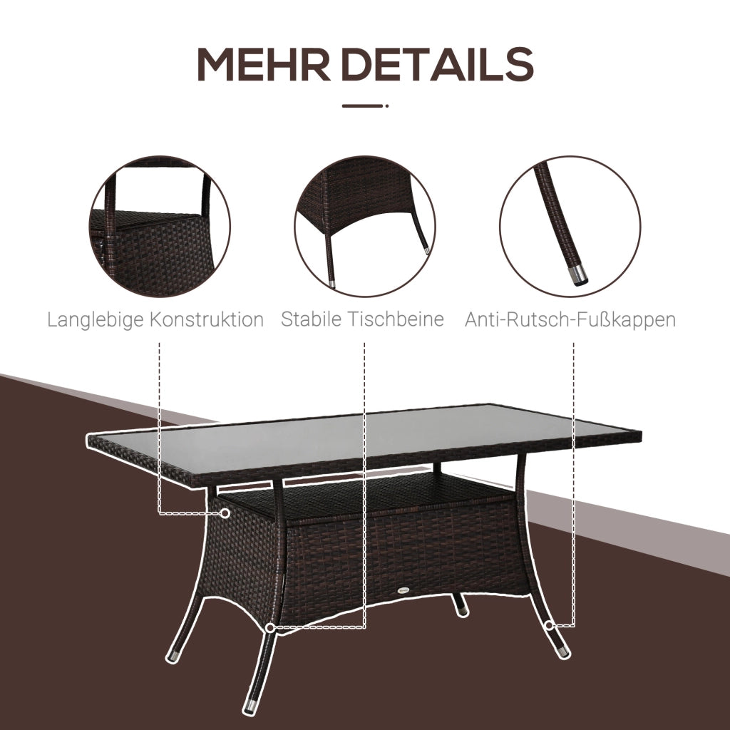 Tavolo da giardino in polyrattan con piano in vetro di sicurezza marrone per interno ed esterno 74 × 150 × 85 cm