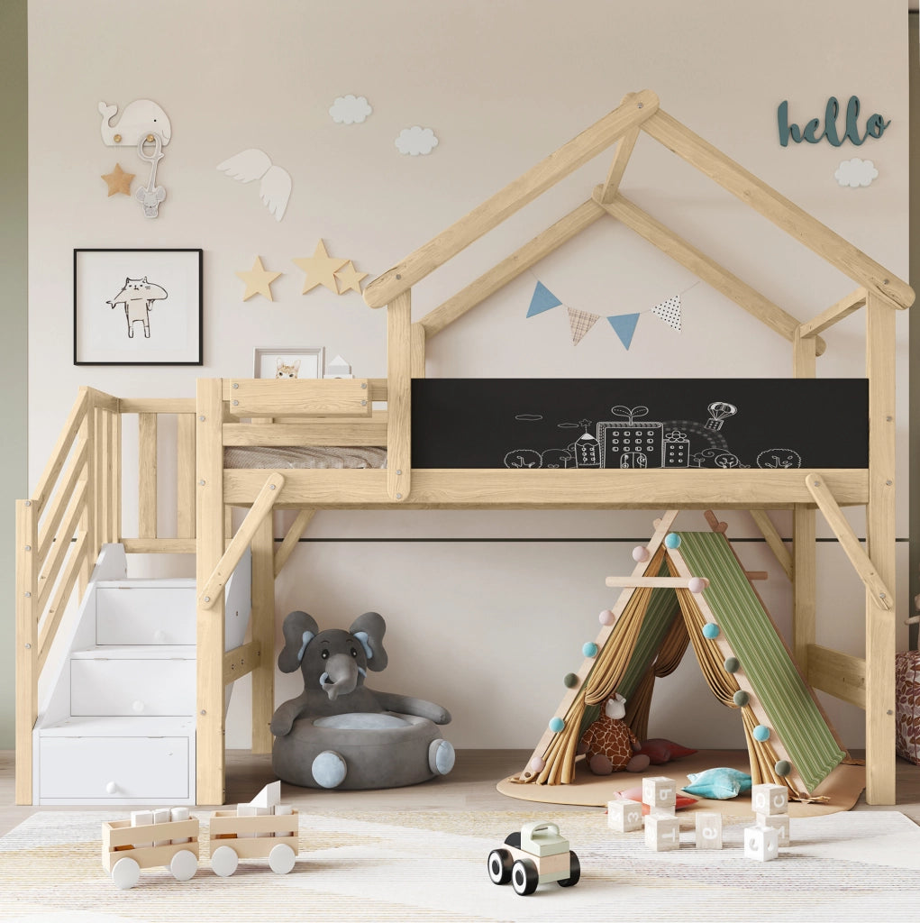 Letto a castello 90x200 cm con lavagna; scala contenitore a 3 vani; bianco e naturale