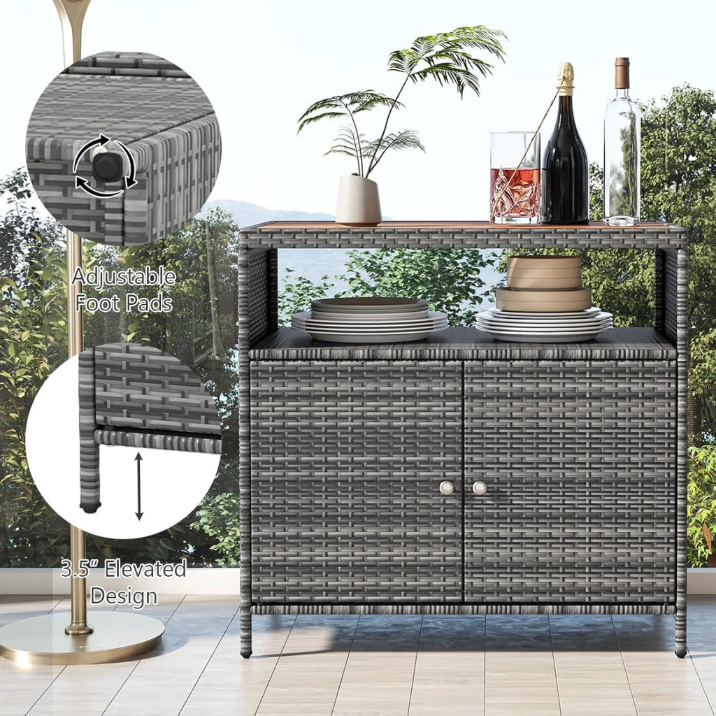 Armadietto da giardino, credenza in rattan, armadio portaoggetti con piano di lavoro e mensola, armadio per giardino, balcone e piscina, 90 x 53 x 86 cm, grigio