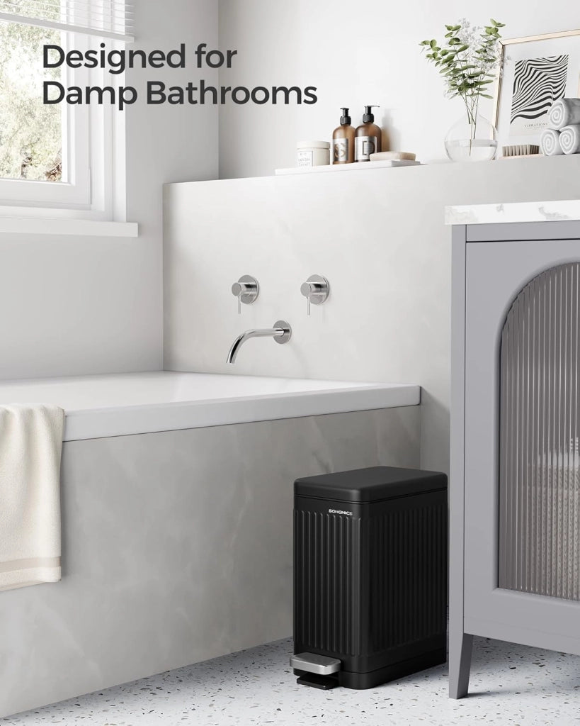 Pattumiera da bagno da 10 litri, con coperchio, sottile per piccoli spazi, in acciaio inox, chiusura ammortizzata, colore nero inchiostro, ULTB562B01