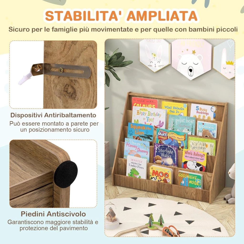 Libreria Montessoriana per Bambini a 5 Livelli, Scaffali Espositivi con Spazio Nascosto sul Retro e Antiribaltamento, per Cameretta, Soggiorno e Asilo Nido, 91 x 38 x 76,5 cm (Naturale)