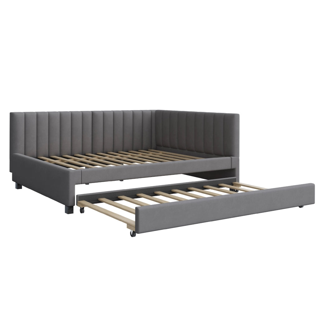 Letto imbottito grigio 140 x 200 cm con letto estraibile e rete a doghe