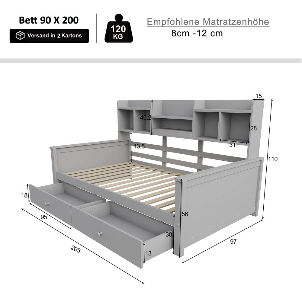 Letto Singolo a Soppalco con Cassetti e Scaffali ¨C Xylo ¨C Massello Grigio 90x200