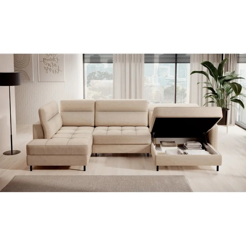 Divano angolare convertibile BERTHO 306 cm beige crema in ciniglia – Angolo destro con contenitore