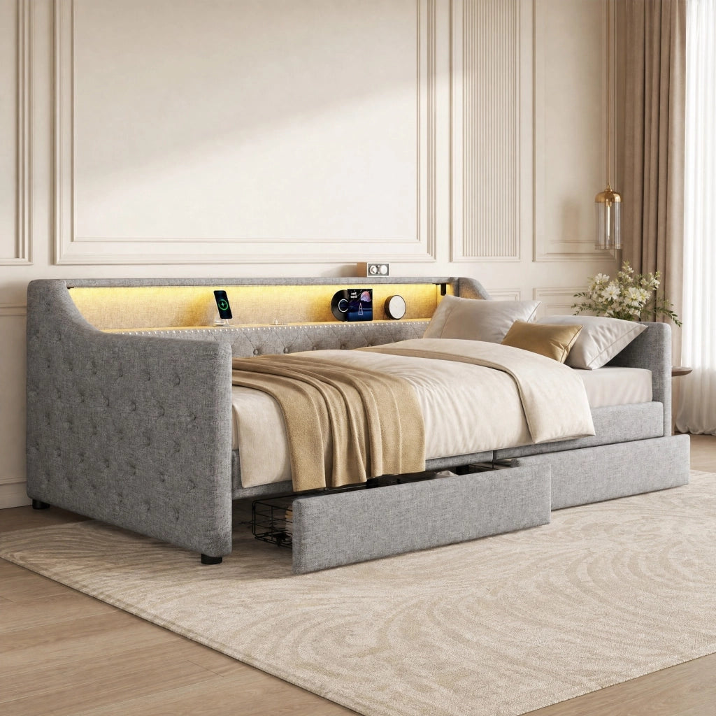 Divano letto 90 × 200 cm con 2 cassetti; rete a doghe; LED multicolore con telecomando; USB; lino e MDF grigio