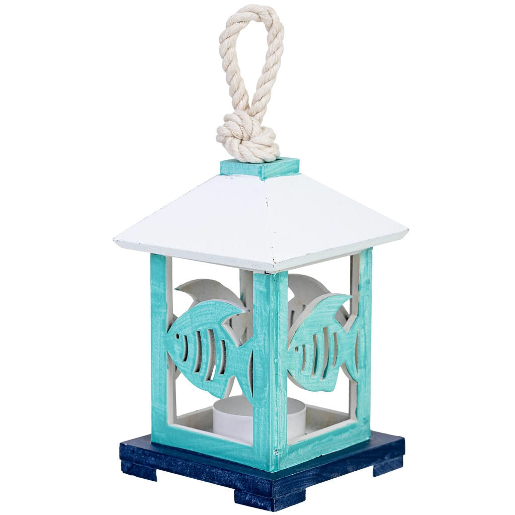 Portacandele da appendere in legno con pesce azzurro, 10x10x23h cm