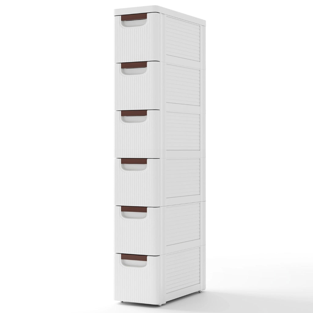 Mobiletto stretto con ruote, Carrello e organizzatore slim con 6 cassetti per spazi piccoli Bianco