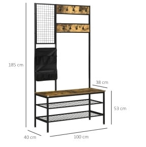 Appendiabiti da ingresso con panca; 9 ganci; lavagna memo e scarpiera; marrone; 100x40x185 cm