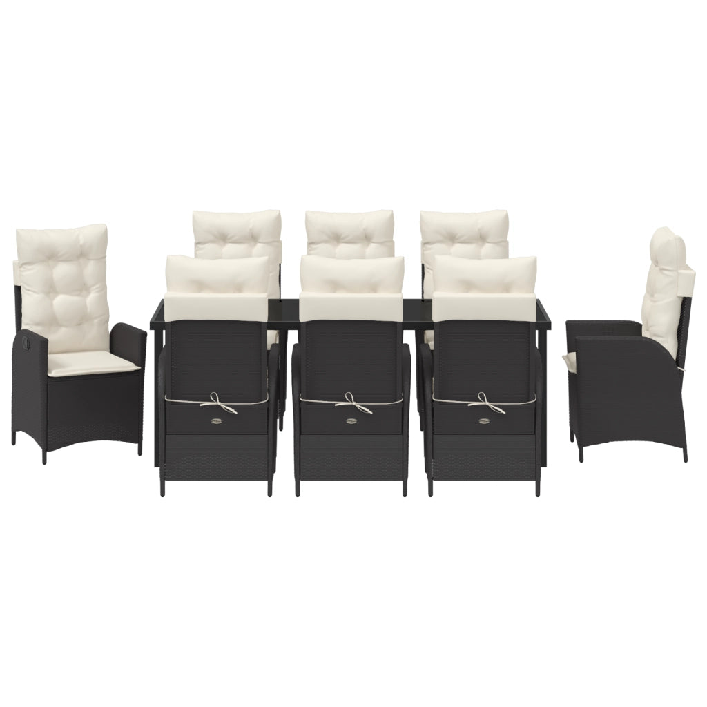 Set da Pranzo da Giardino 9 Pezzi con Cuscini in Rattan Poliestere Nero