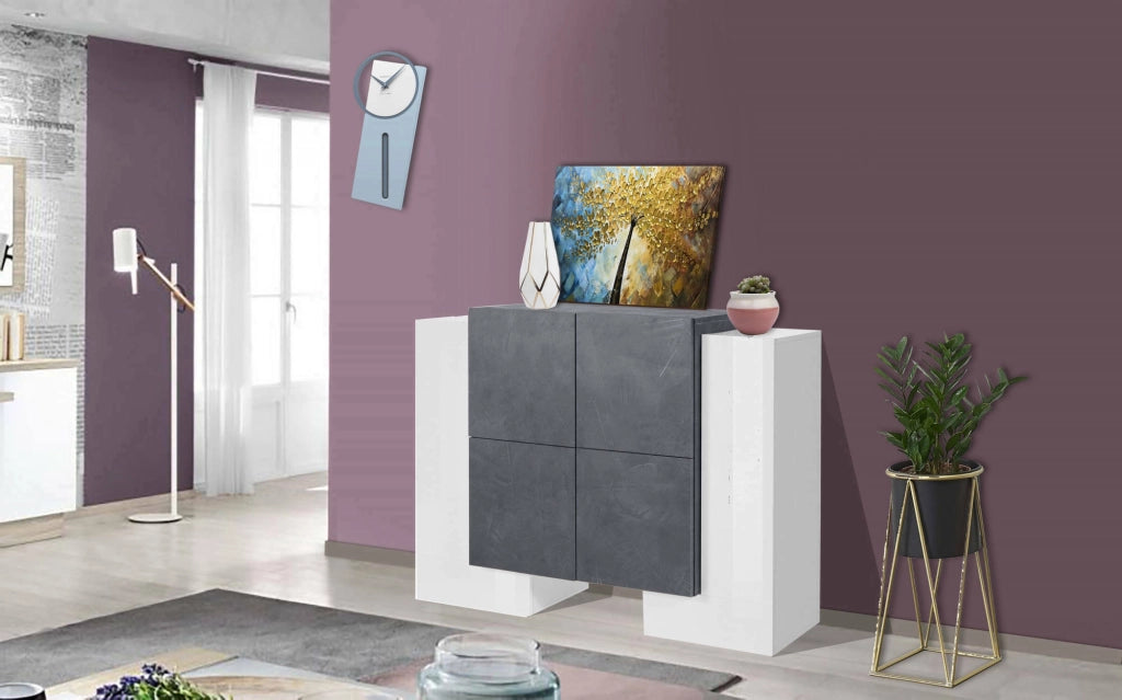 Credenza moderna di design a 6 Age, Made in Italy, Buffet da cucina, Madia con scaffali da cucina, cm 130x45h100, Bianco lucido e Grigio Cenere