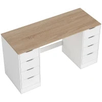 Scrivania con 8 cassetti, salvaspazio e stabile, 140 c, Bianco e Legno naturale