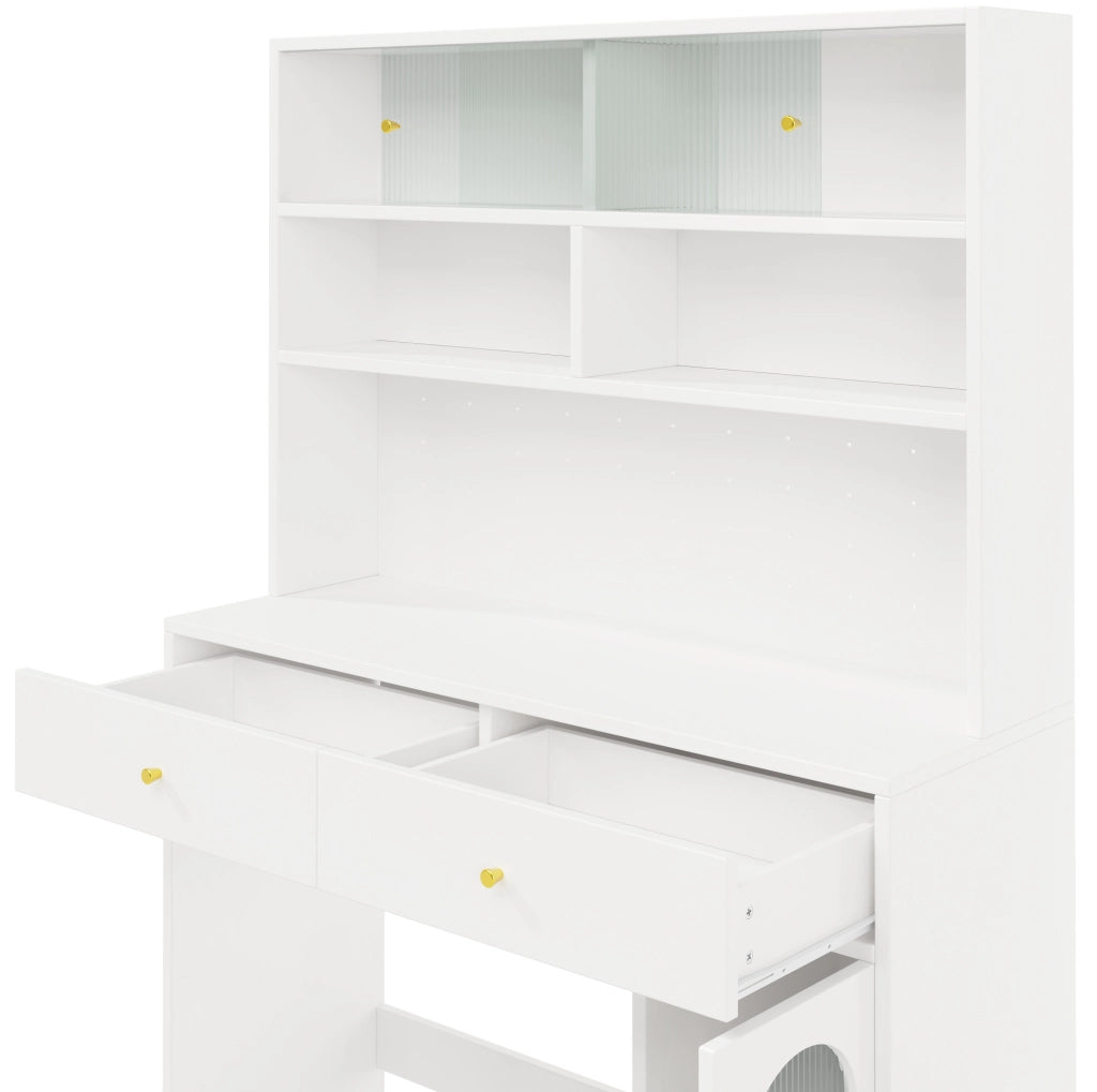 Credenza cucina 120x45x180 cm con piano di lavoro; ganci e 2 cassetti in MDF bianco