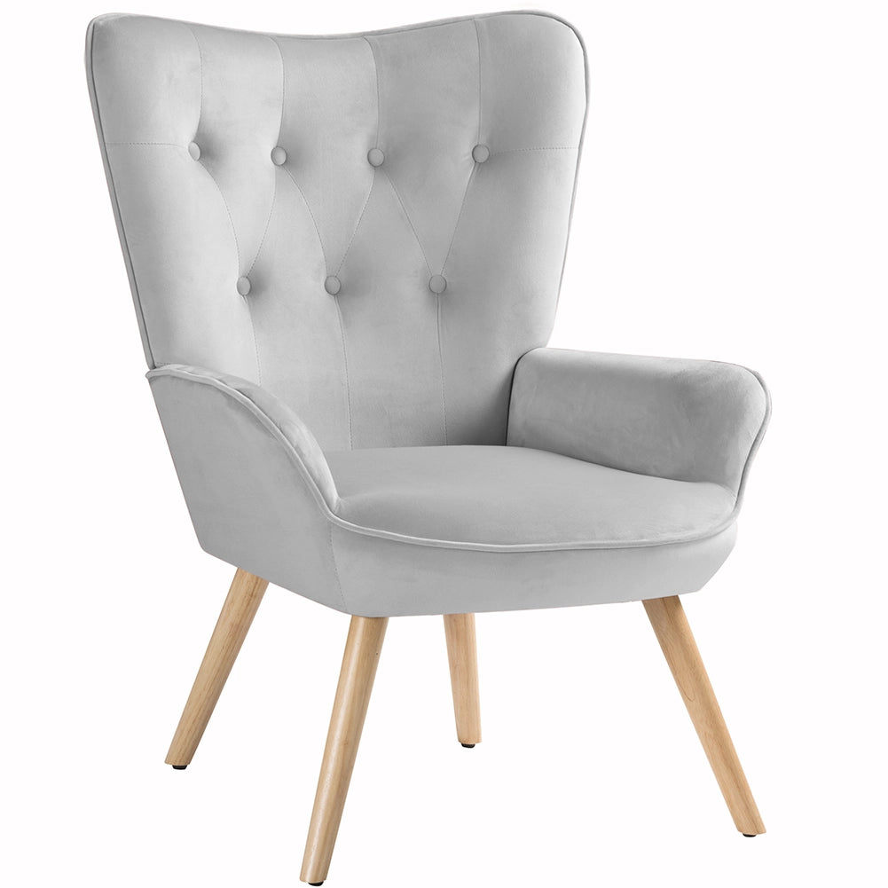 Poltrona Stile Scandinavo con Schienale Alto e Poggiapiedi In Velluto e Gambe in Legno Grigio