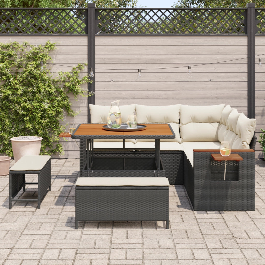 Set Divano da Giardino 8 Pezzi con Cuscini Nero Polyrattan Acacia