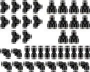 Fittingi pneumatici a connessione rapida - 40 pezzi di armature pneumatiche nere - 10 splitter + 10 gomiti + 10 T + 10 L (1/4 pollici Od)