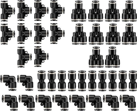 Fittingi pneumatici a connessione rapida - 40 pezzi di armature pneumatiche nere - 10 splitter + 10 gomiti + 10 T + 10 L (1/4 pollici Od)