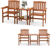 Set di mobili da 3 pezzi, in legno, set di 2 sedie e tavolo con foro per ombrelloni, set di conversazione con schienale e braccioli per patio, terreza, balcone