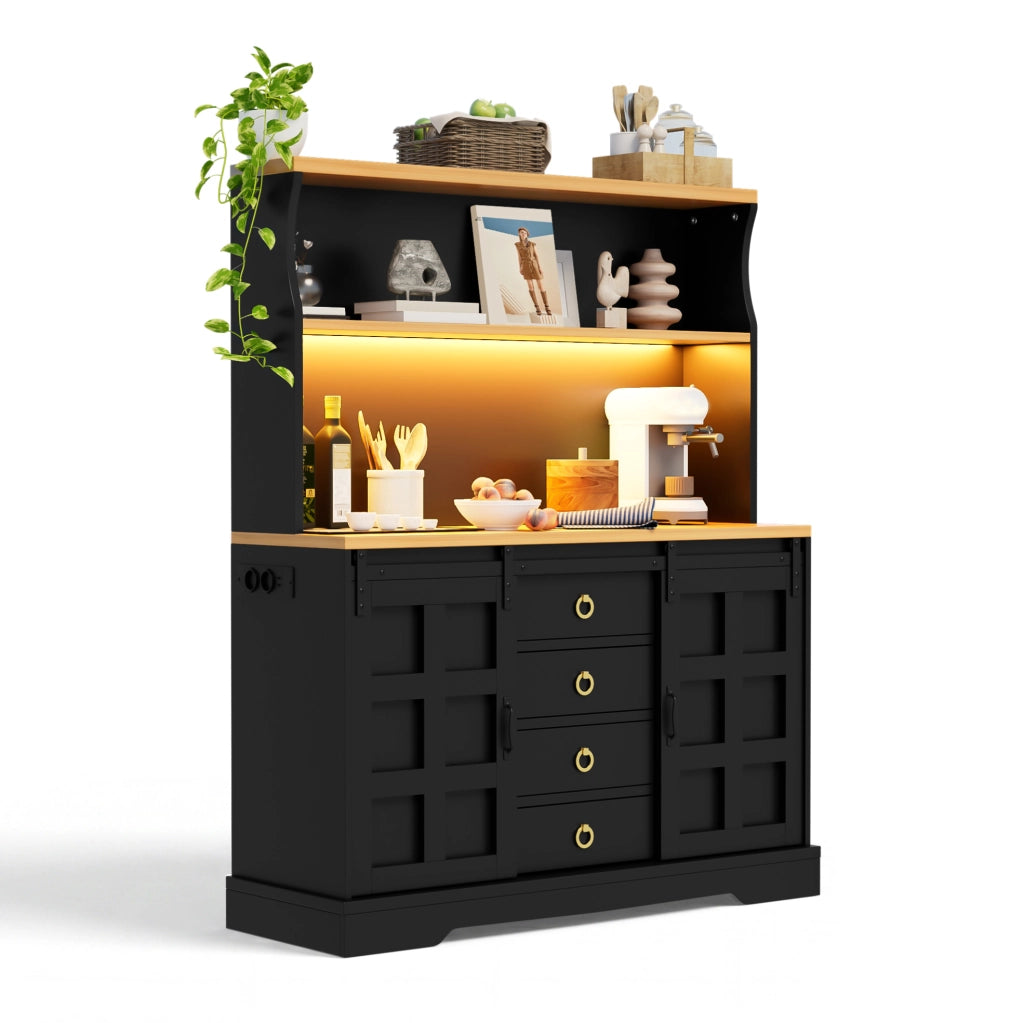 Mobile da cucina 120x40x150 cm con LED RGB; 4 cassetti; ante scorrevoli in MDF nero