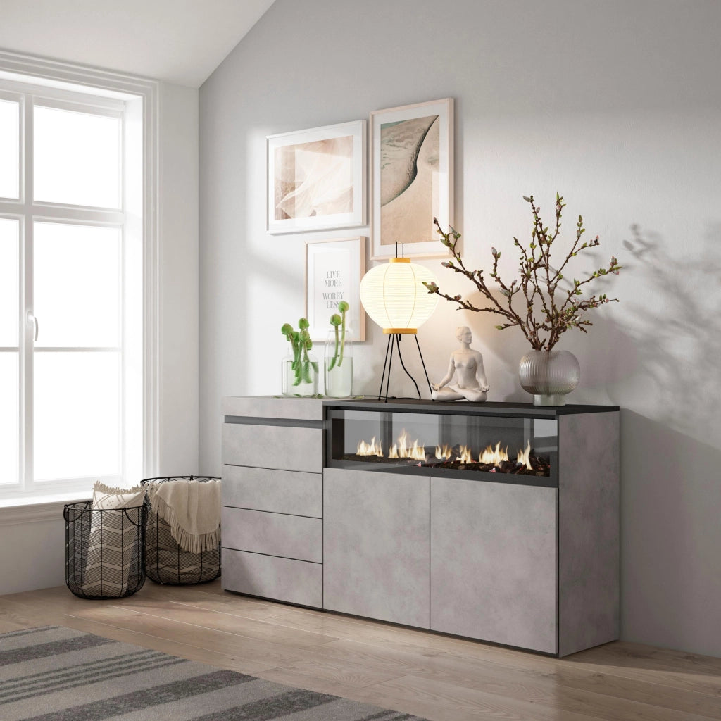 Cassettiera, 157x35x75cm, Camera da letto, Camino elettrico, grigio cemento RF3427