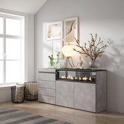Cassettiera, 157x35x75cm, Camera da letto, Camino elettrico, grigio cemento RF3427