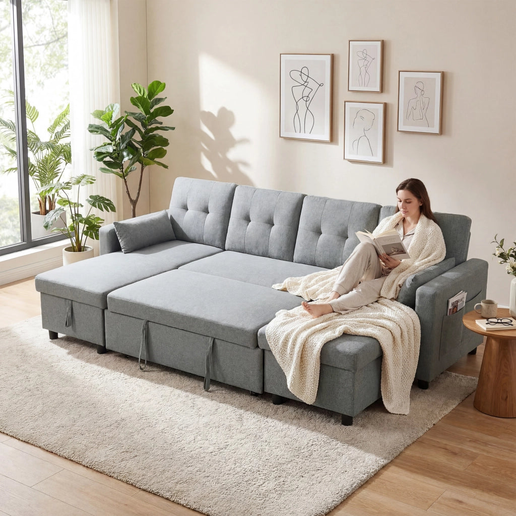 Divano letto angolare con contenitore ¨C Minimal ¨C Grigio, Tessuto, 240x220x90 cm