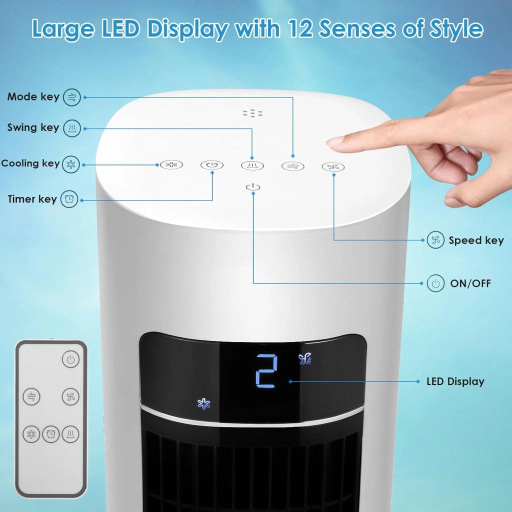Ventilatore a torre con diffusore di aromi, telecomando a 3 livelli, con raffreddamento ad acqua, oscillazione 50°, timer 12 ore e modalità sleep per ufficio/casa, ventilatore silenzioso da
