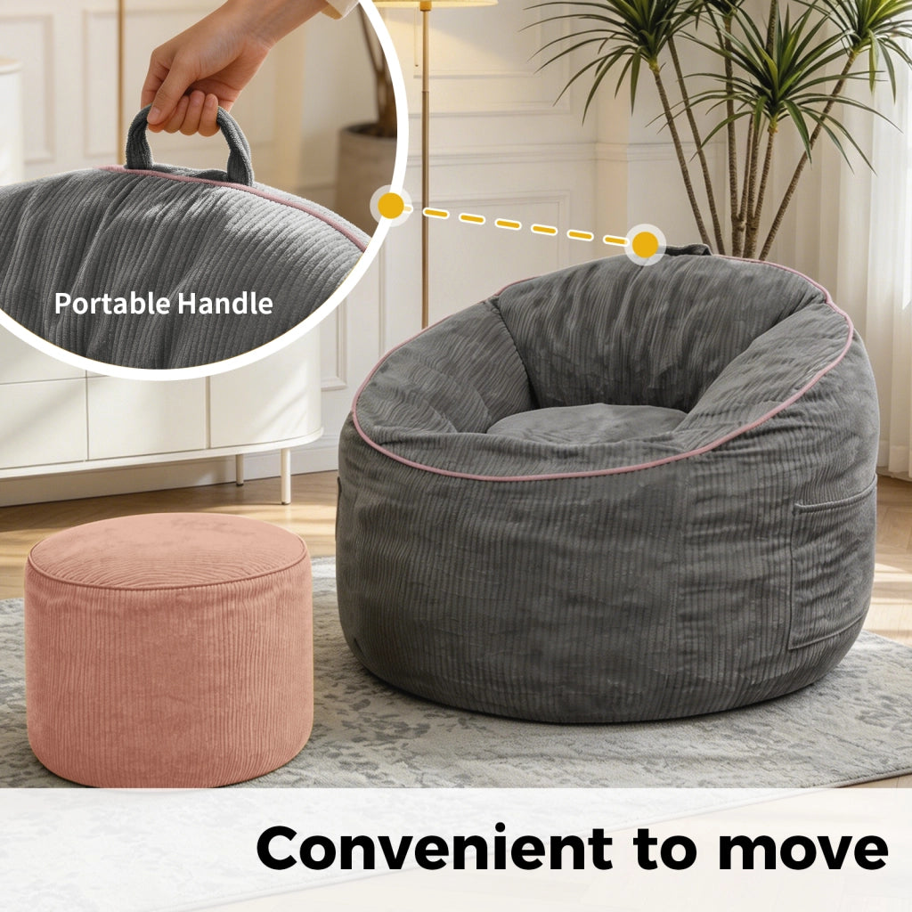 Fauteuil pouf ergonomico con tasca laterale e pouf cilindrico in flanella grigio 50 × 43,5 × 35,5 cm