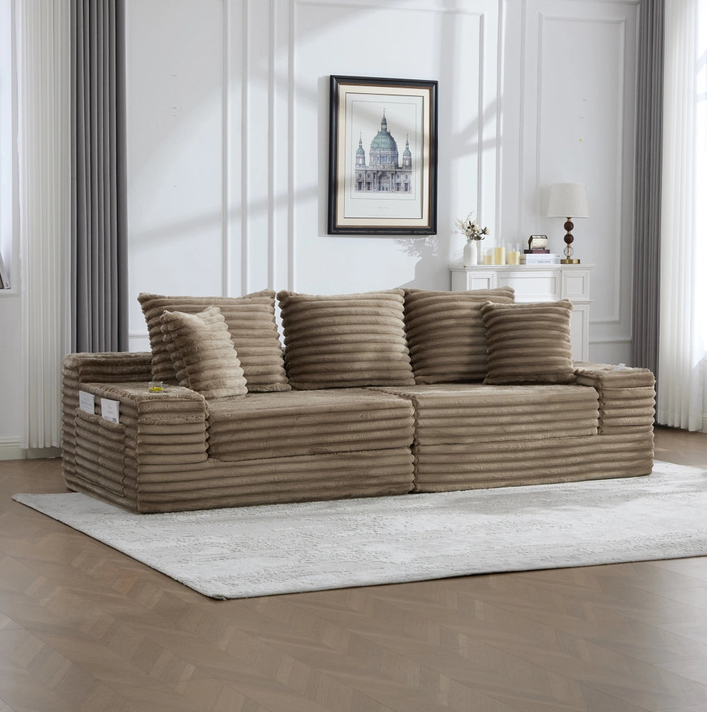 Divano componibile trasformabile in divano letto con tasche laterali e portabicchieri; 273 cm; corduroy khaki