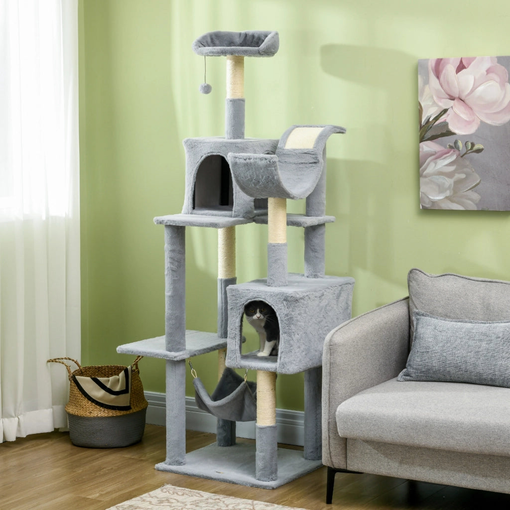 Albero per Gatti con Lettino e Casette ¨C Zephmum ¨C Grigio e Bianco 55x49x177 cm