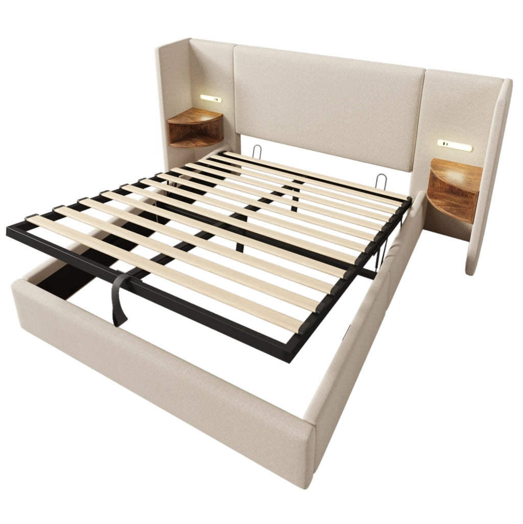 Letto matrimoniale contenitore 160x200 cm con testiera multifunzione; USB e luce da lettura; beige