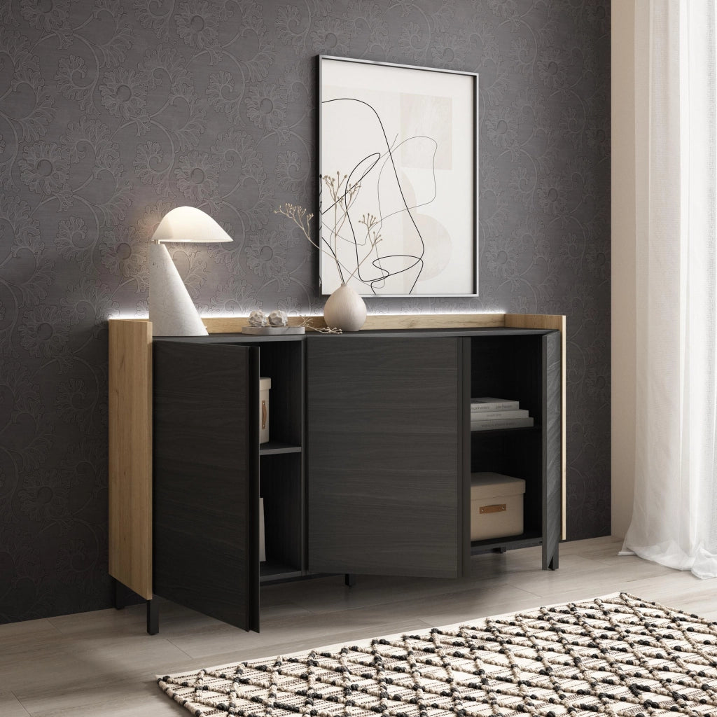Credenza, Mobile, Cucina, 156x91x35 cm, 3 Porte, Design industriale, LED, Nero e rovere