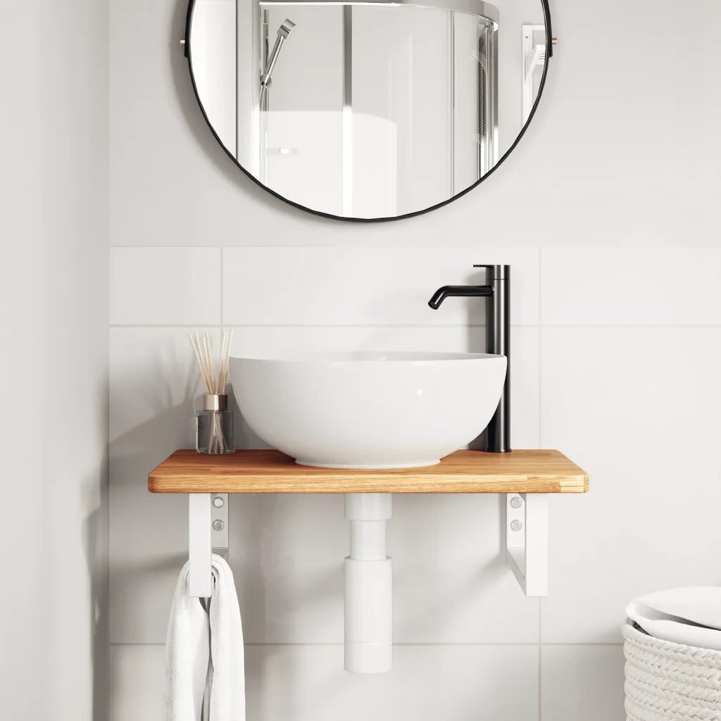 Ripiano a Parete per Lavabo in Acciaio e Massello di Rovere