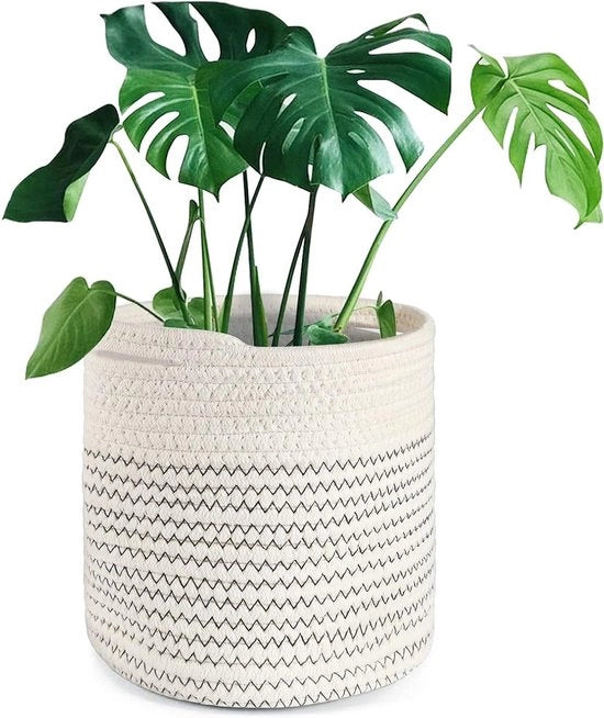 Vaso per piante in cotone da 20cm con rivestimento interno, cesta di stoccaggio per piante indoor, vaso per fiori e decorazione per la casa (Nero e Bianco)