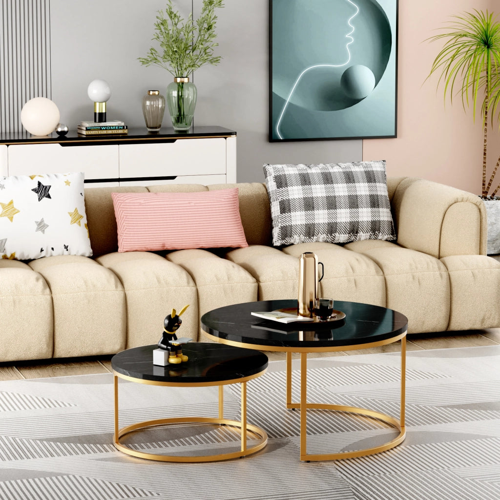 Set di 2 tavolini da salotto impilabili 80x80 cm e 60x60 cm nero e oro effetto marmo