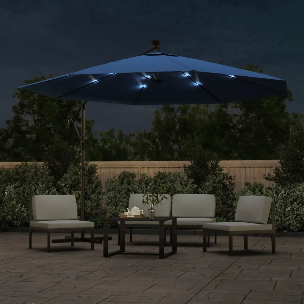 Ombrellone a Sbalzo con Palo e Luci a LED Azzurro 350 cm 313785