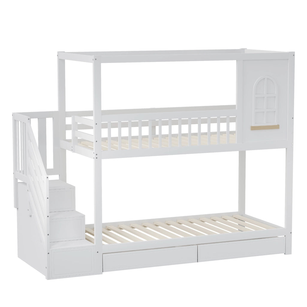 Letto a Castello 90x200 cm; Letto 2 Posti - Scala con cassetti e Ganci - Legno - Bianco