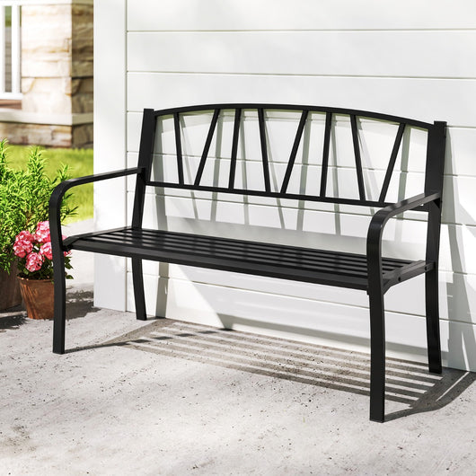 Panchina moderna con doghe con braccioli curvi e schienale minimalista, Panca metallica da patio da 128 cm Nero-Panchine