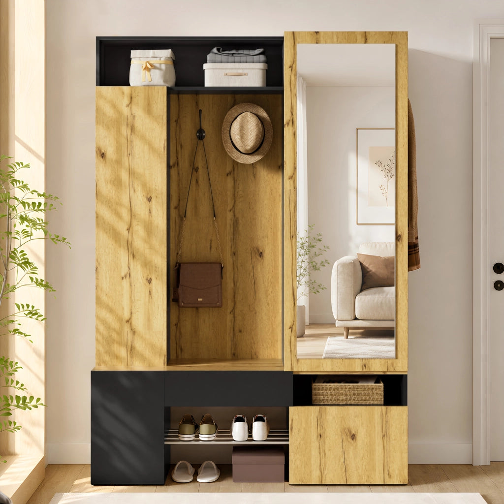 Guardaroba in MDF con specchio, scarpiera, mobile ingresso, appendiabiti con asta e ganci
