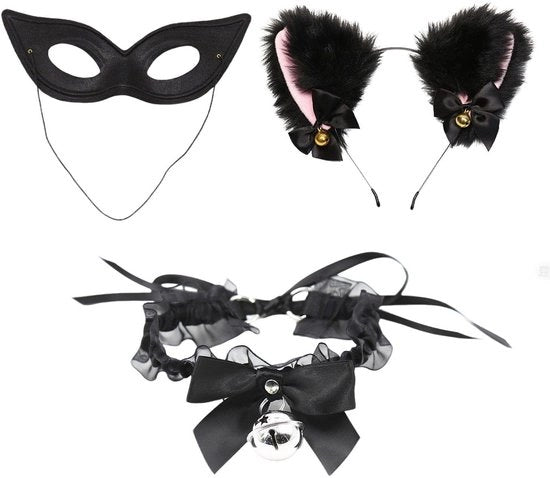 Costume da cosplay per gatto - Telefono per gatto - Nero - Maschera per gli occhi - Collare a forma di gola - Piuma - Adatto per feste di costume