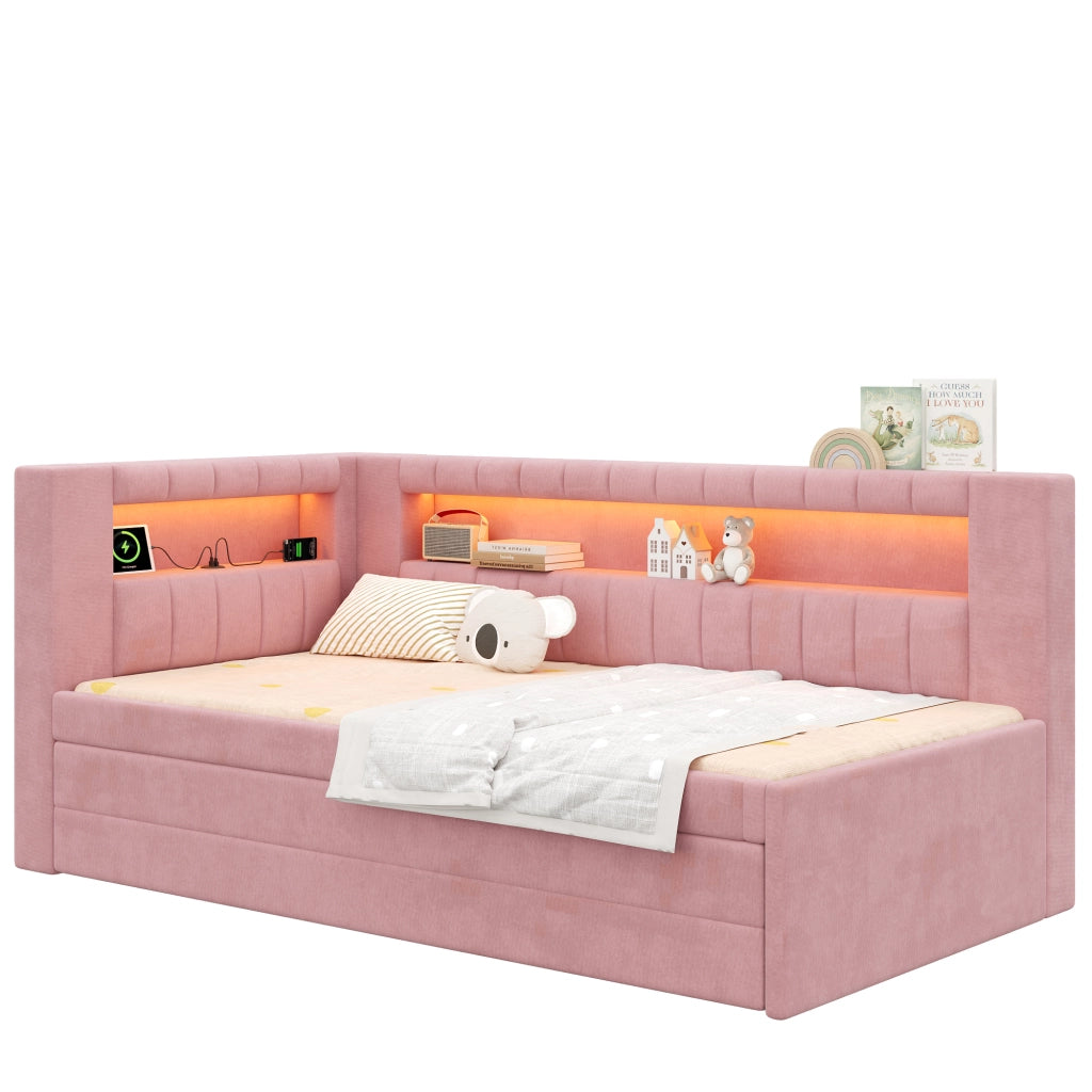 Letto singolo imbottito 90x200 rosa con LED; USB; letto estraibile e 3 cassetti