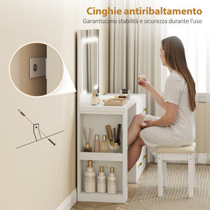 Consolle Trucco con Specchio 118x78x135 cm con Specchio e Luci LED Regolabili in MDF Bianco