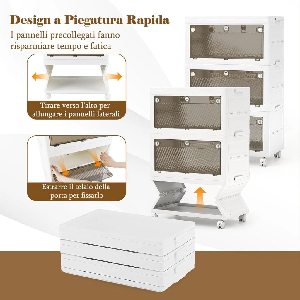 Comodino in Plastica Multipiano con Coperchio 126 L, Scatole Impilabili con 4 Ruote e Freni, Contenitori di Stoccaggio Pieghevole, per Soggiorno, Camera da Letto e Bagno, Bianco (3 Ripiani)