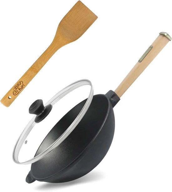 Wok in acciaio inox Ø 24 cm con coperchio in vetro e spatola in legno - Ideale per piatti asiatici
