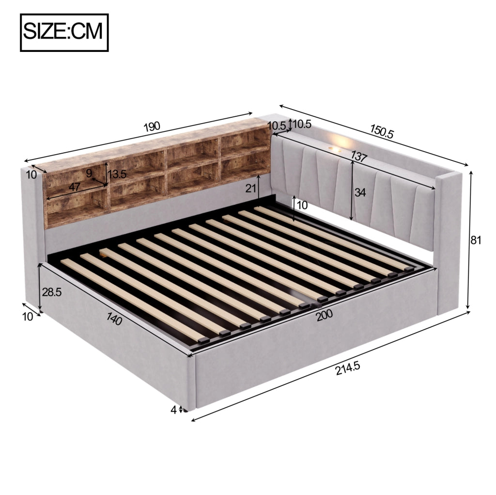 Letto imbottito multifunzione 140x200 cm in velluto grigio chiaro con contenitore; luce notturna; USB e Type-C