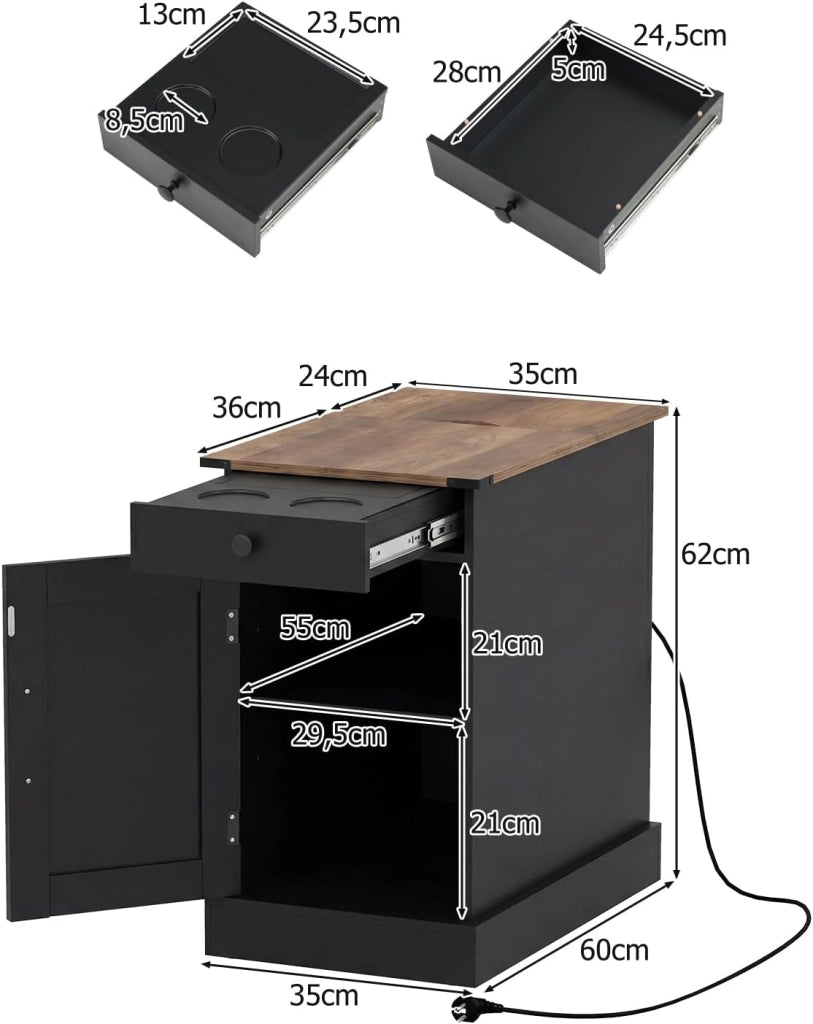 Comodino con stazione di ricarica, tavolino ausiliario con porta, cassetto estraibile, scomparto nascosto, ripiano regolabile, 35 x 60 x 62 cm, per camera da letto, soggiorno