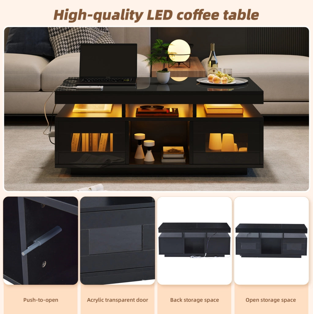 Tavolino da caffè 100x50x43 cm nero lucido con LED controllabili da app; presa e USB