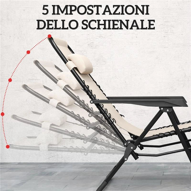 SET 2 SEDIE SDRAIO A GRAVITÀ ZERO PIEGHEVOLI CON SCHIENALE REGOLABILE E TAVOLINO BEIGE