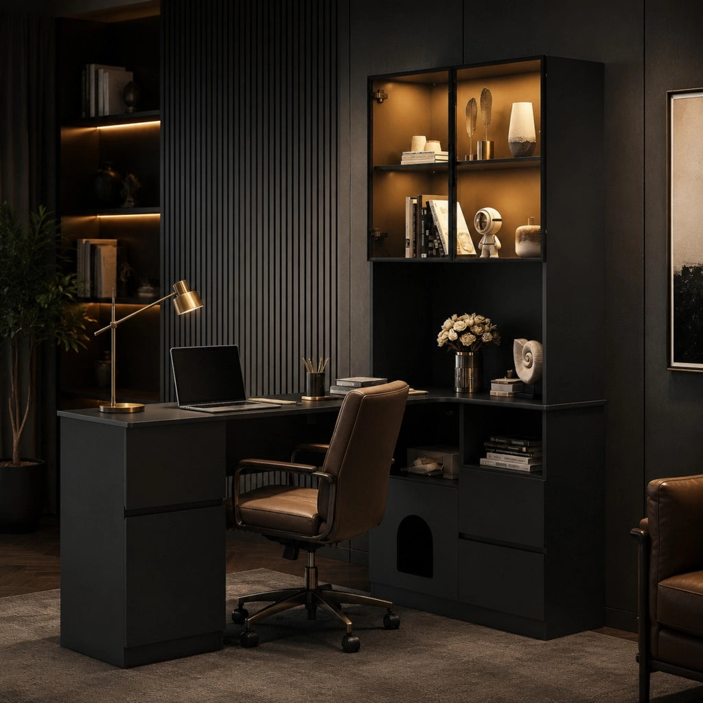 Scrivania angolare con 3 cassetti; 2 ante; LED e vano cavi - per studio - 120×80×180 cm - nero