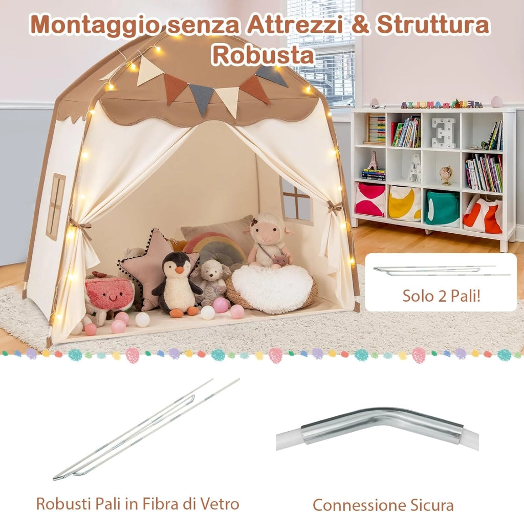 Tenda per Bambini con Luci Fatate e Bandierine, Tenda Casetta da Gioco con 2 Finestre, Tenda Gioco Castello Portatile per Interni ed Esterni, 157 x 98 x 148 cm (Marrone e beige)